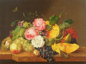 Stilleben med blomster og frugt, 1821